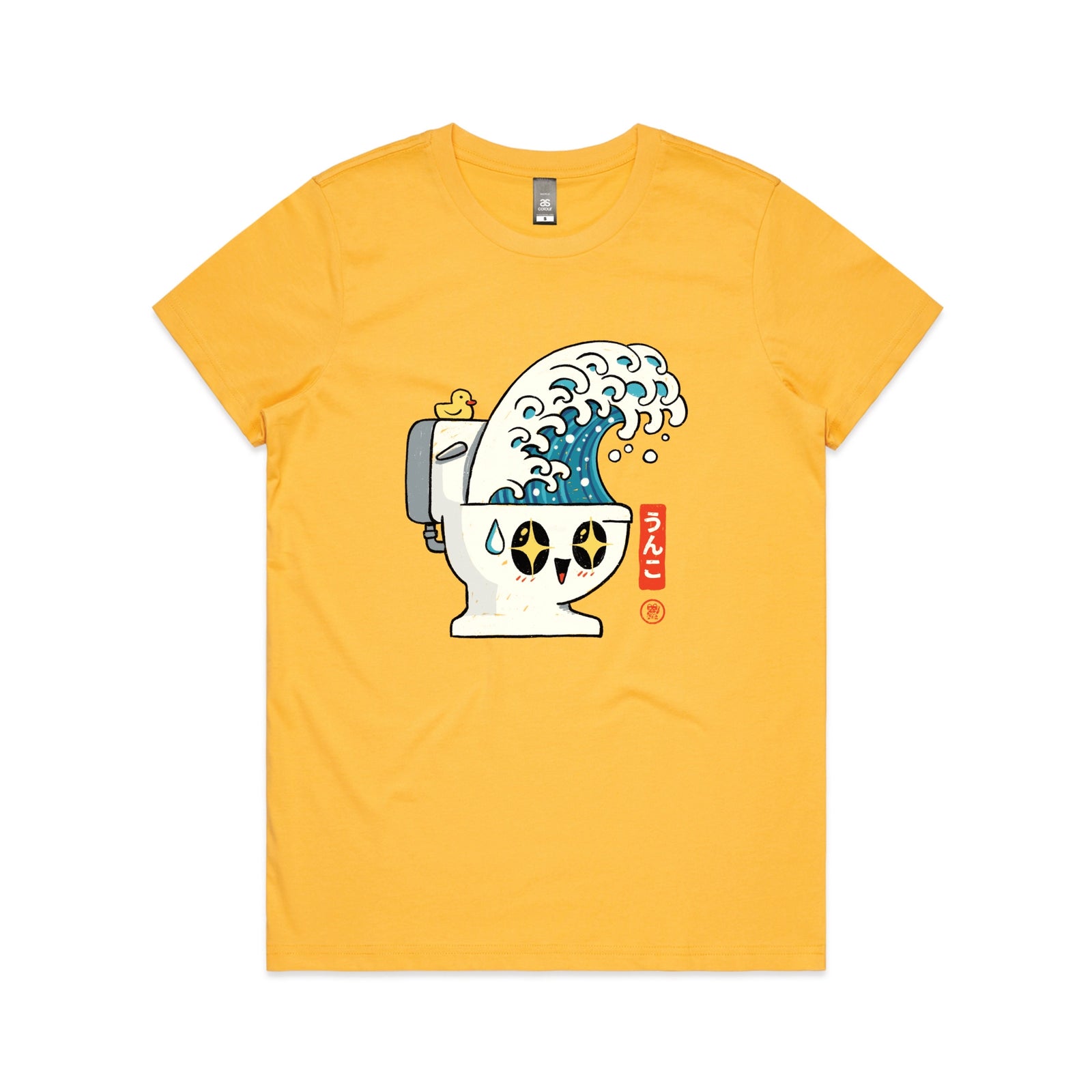 Yellow fitted womens t-shirt with The Great Flush graphic by Lonely Kids Club