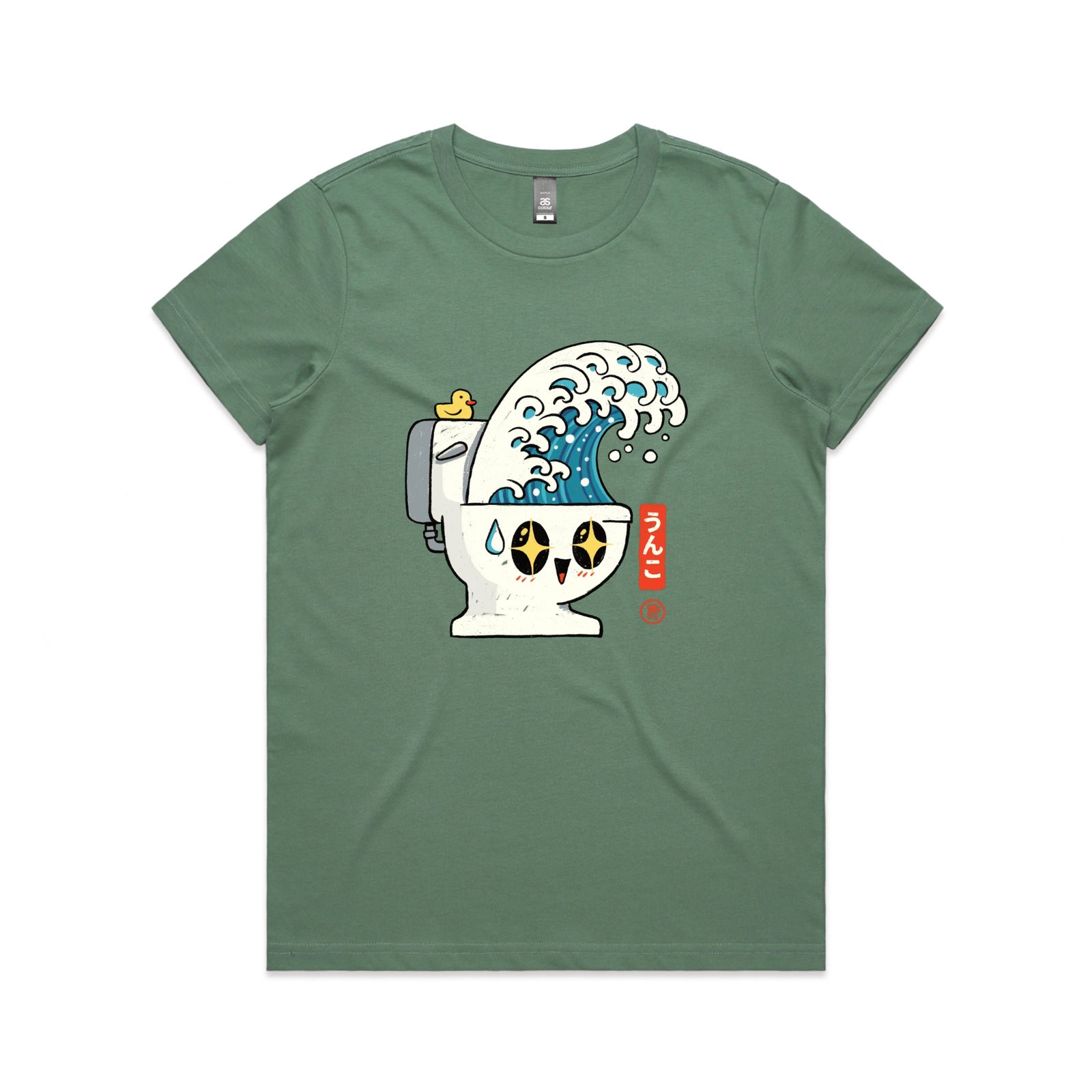 Sage fitted womens t-shirt with The Great Flush graphic by Lonely Kids Club