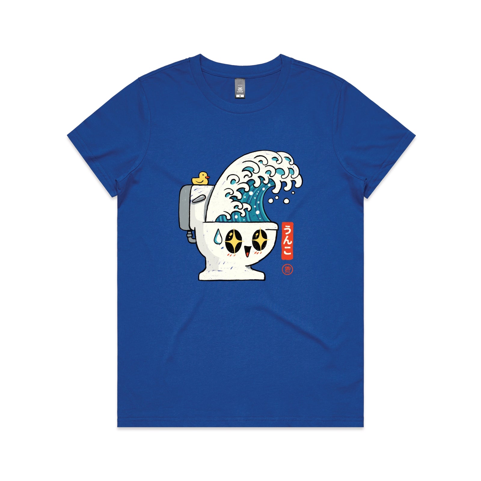 Royal Blue fitted womens t-shirt with The Great Flush graphic by Lonely Kids Club