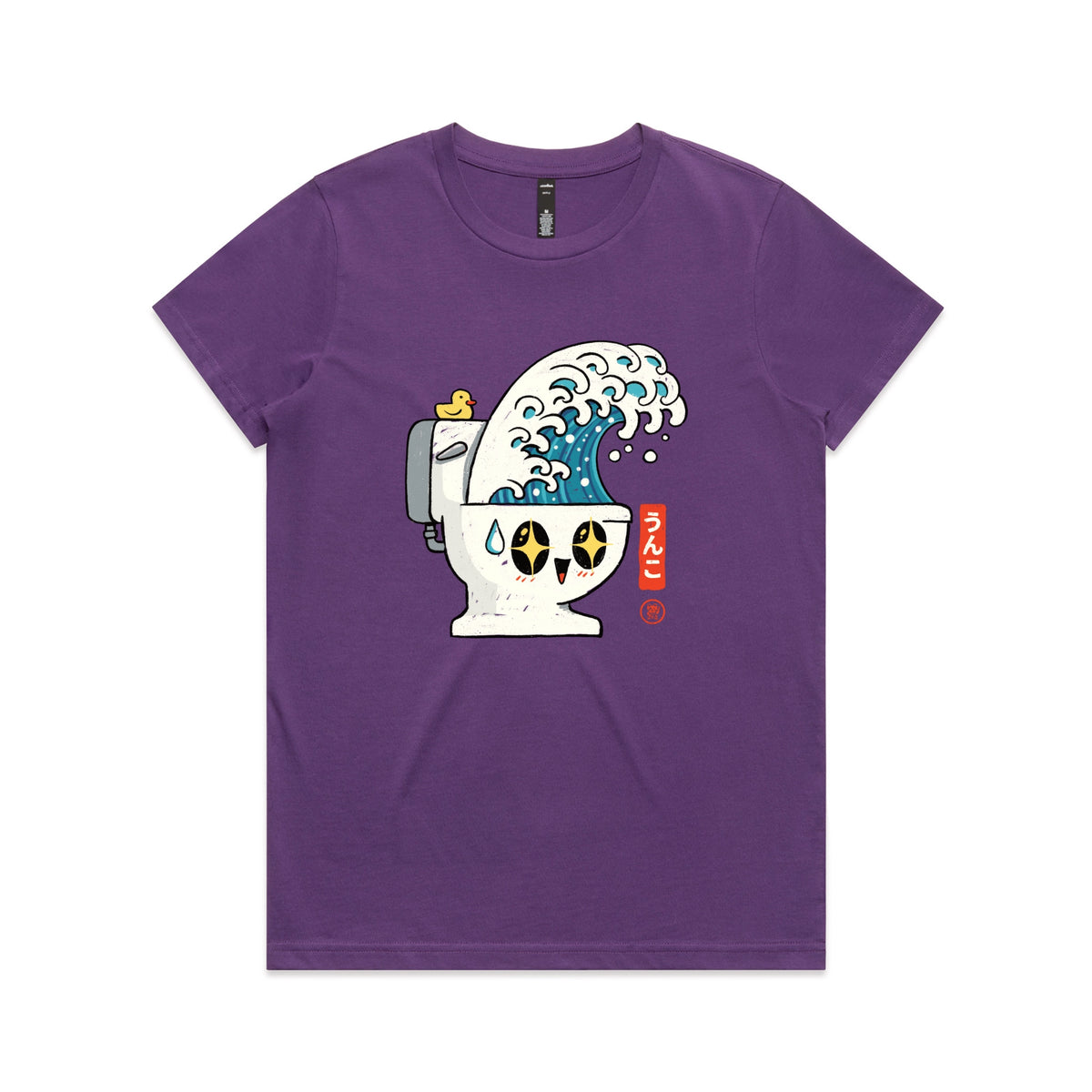 Purple fitted womens t-shirt with The Great Flush graphic by Lonely Kids Club