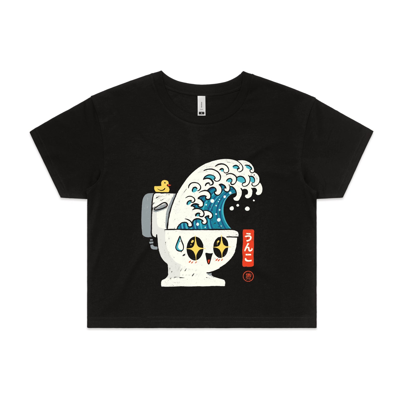 Black crop top with The Great Flush graphic by Lonely Kids Club