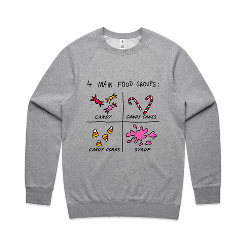 Food Groups Jumper by Lonely Kids Club. All clothing from our T-shirts to our shorts and hoodies are ethically made, and printed packed and shipped from Sydney.