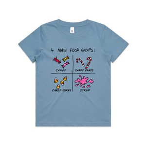 Food Groups Kids Tee by Lonely Kids Club. All clothing from our T-shirts to our shorts and hoodies are ethically made, and printed packed and shipped from Sydney.