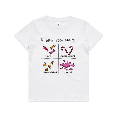 Food Groups Kids Tee by Lonely Kids Club. All clothing from our T-shirts to our shorts and hoodies are ethically made, and printed packed and shipped from Sydney.