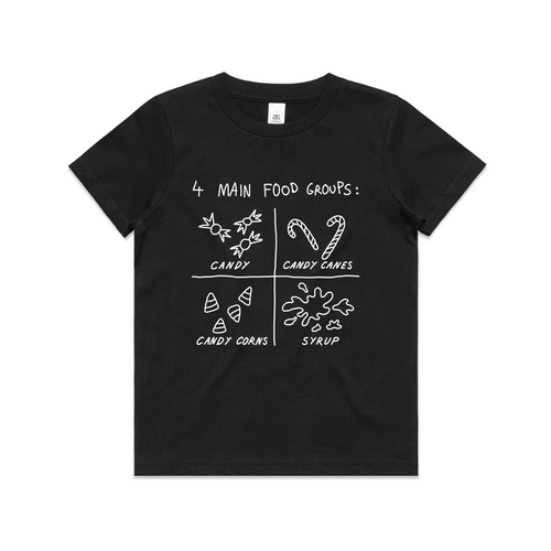 Food Groups Kids Tee by Lonely Kids Club. All clothing from our T-shirts to our shorts and hoodies are ethically made, and printed packed and shipped from Sydney.