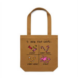 Food Groups Tote by Lonely Kids Club. All clothing from our T-shirts to our shorts and hoodies are ethically made, and printed packed and shipped from Sydney.