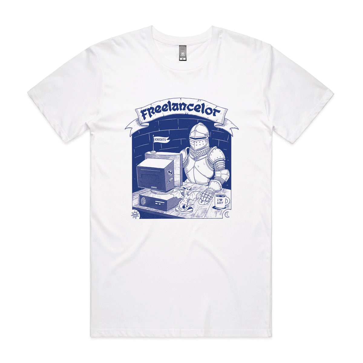 White unisex t-shirt with Freelancelot graphic by Lonely Kids Club