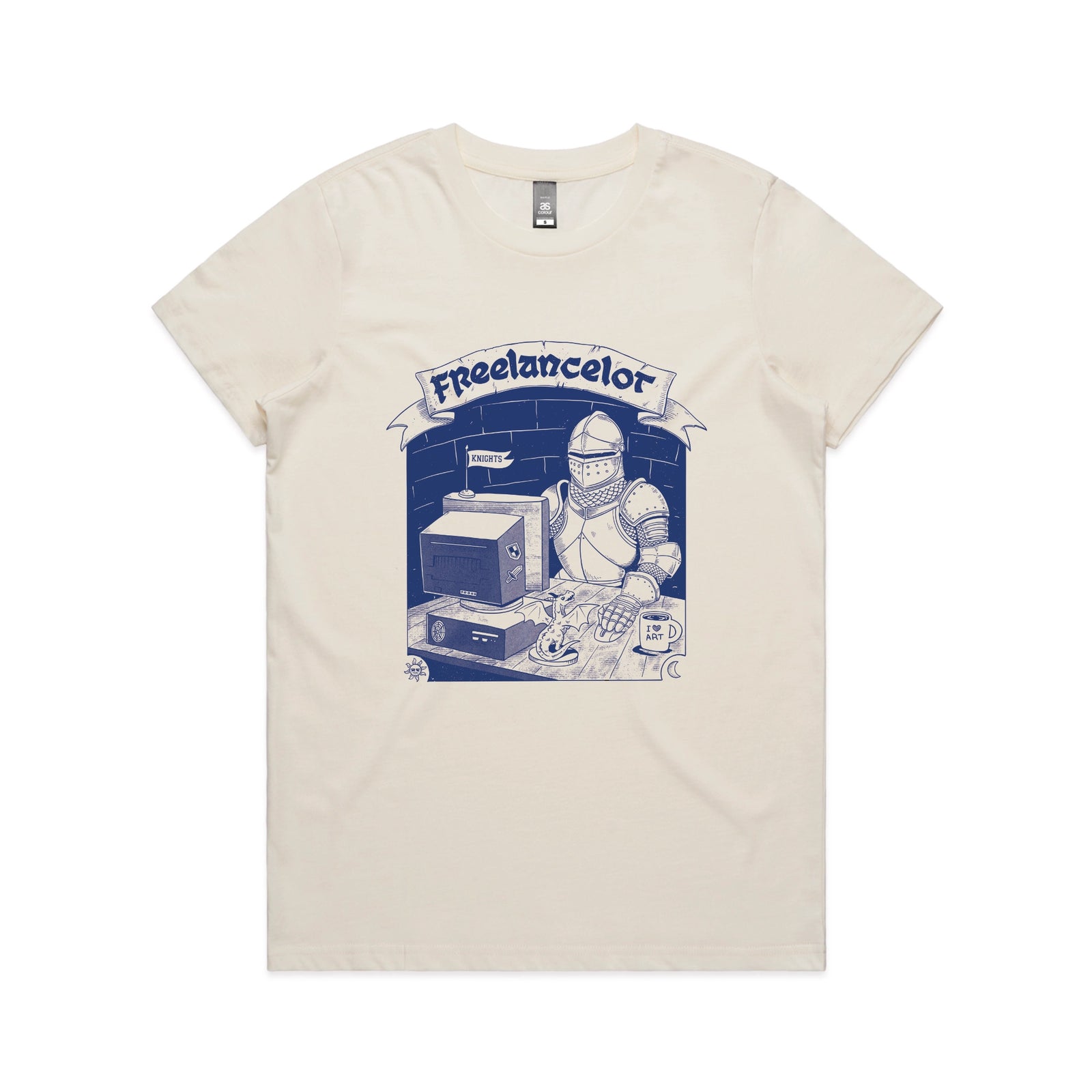 Ecru fitted womens t-shirt with Freelancelot graphic by Lonely Kids Club