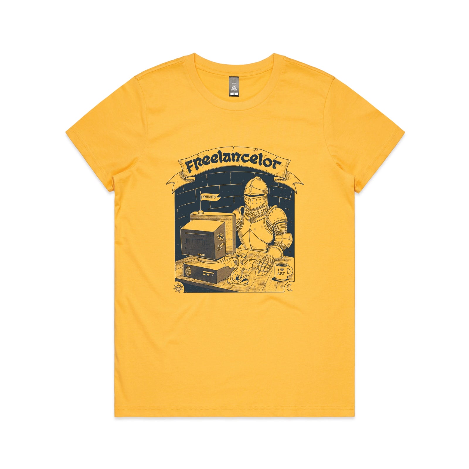 Yellow fitted womens t-shirt with Freelancelot graphic by Lonely Kids Club