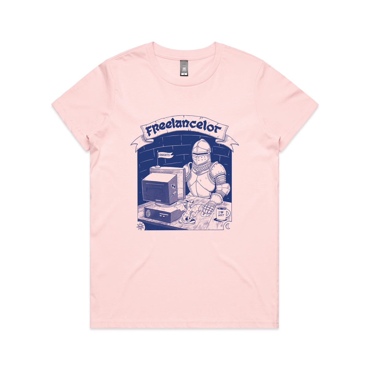 Pink fitted womens t-shirt with Freelancelot graphic by Lonely Kids Club