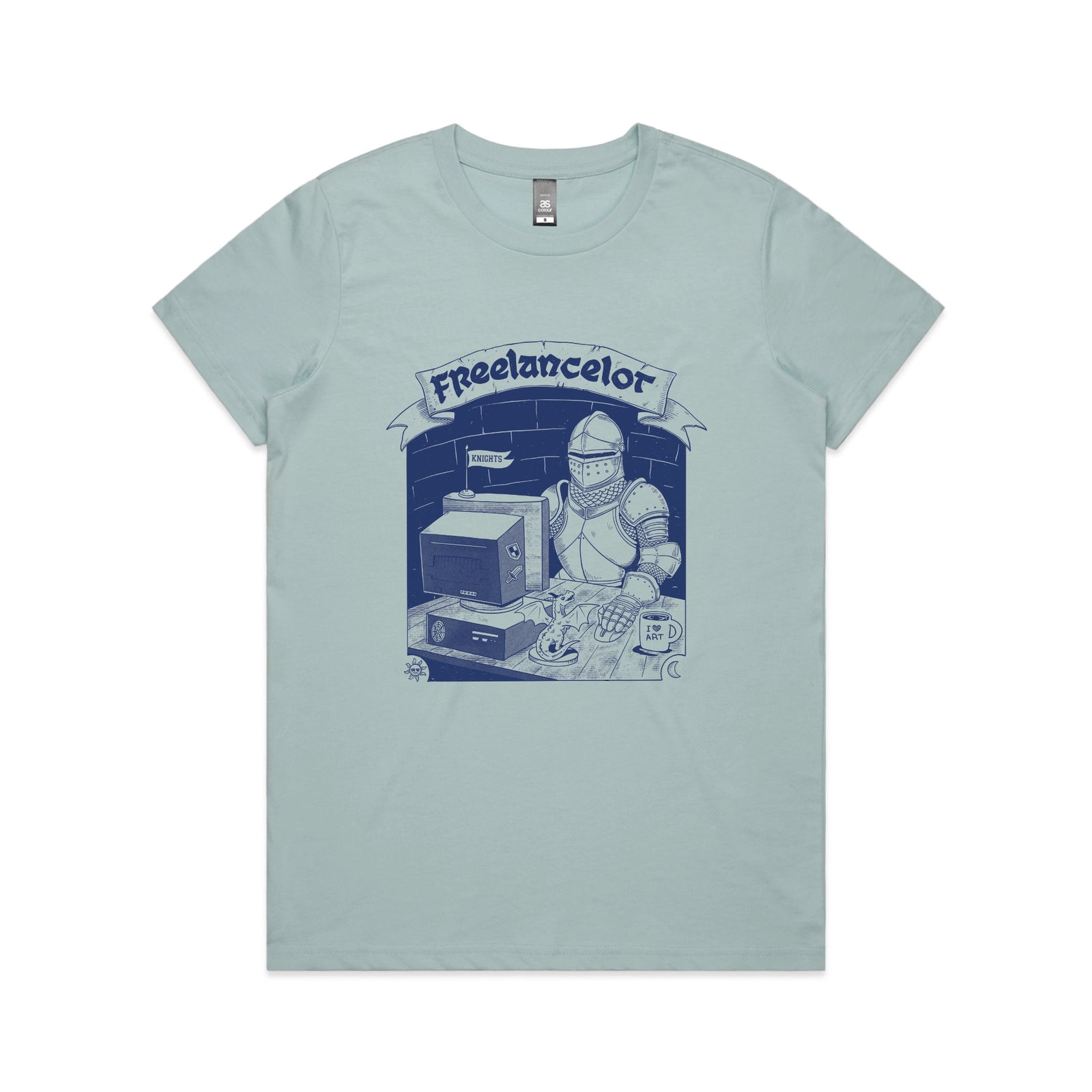 Pale Blue fitted womens t-shirt with Freelancelot graphic by Lonely Kids Club