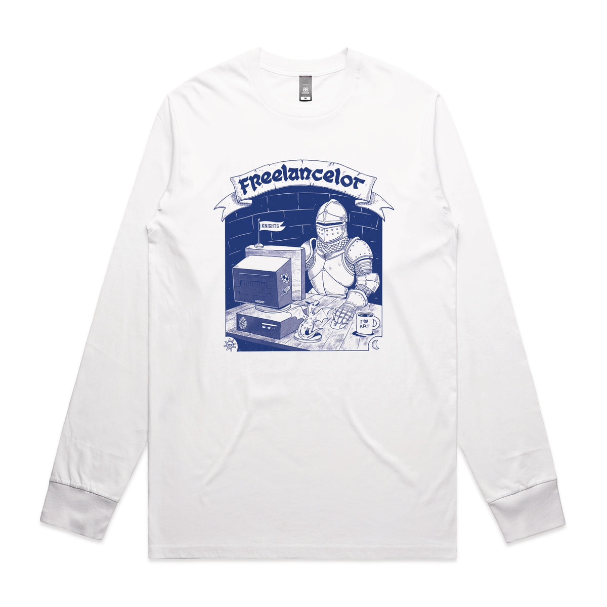 White long sleeve t-shirt with Freelancelot graphic by Lonely Kids Club