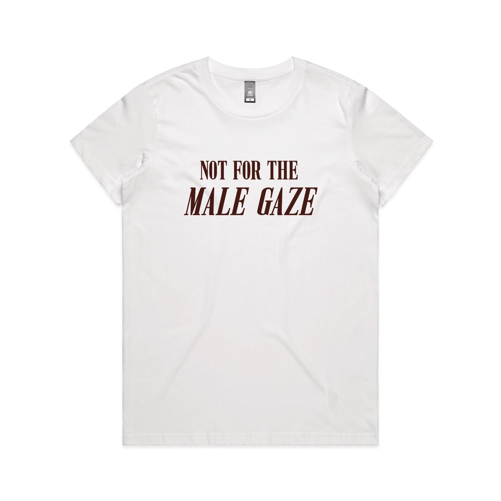 White fitted womens t-shirt with Male Gaze graphic by Lonely Kids Club