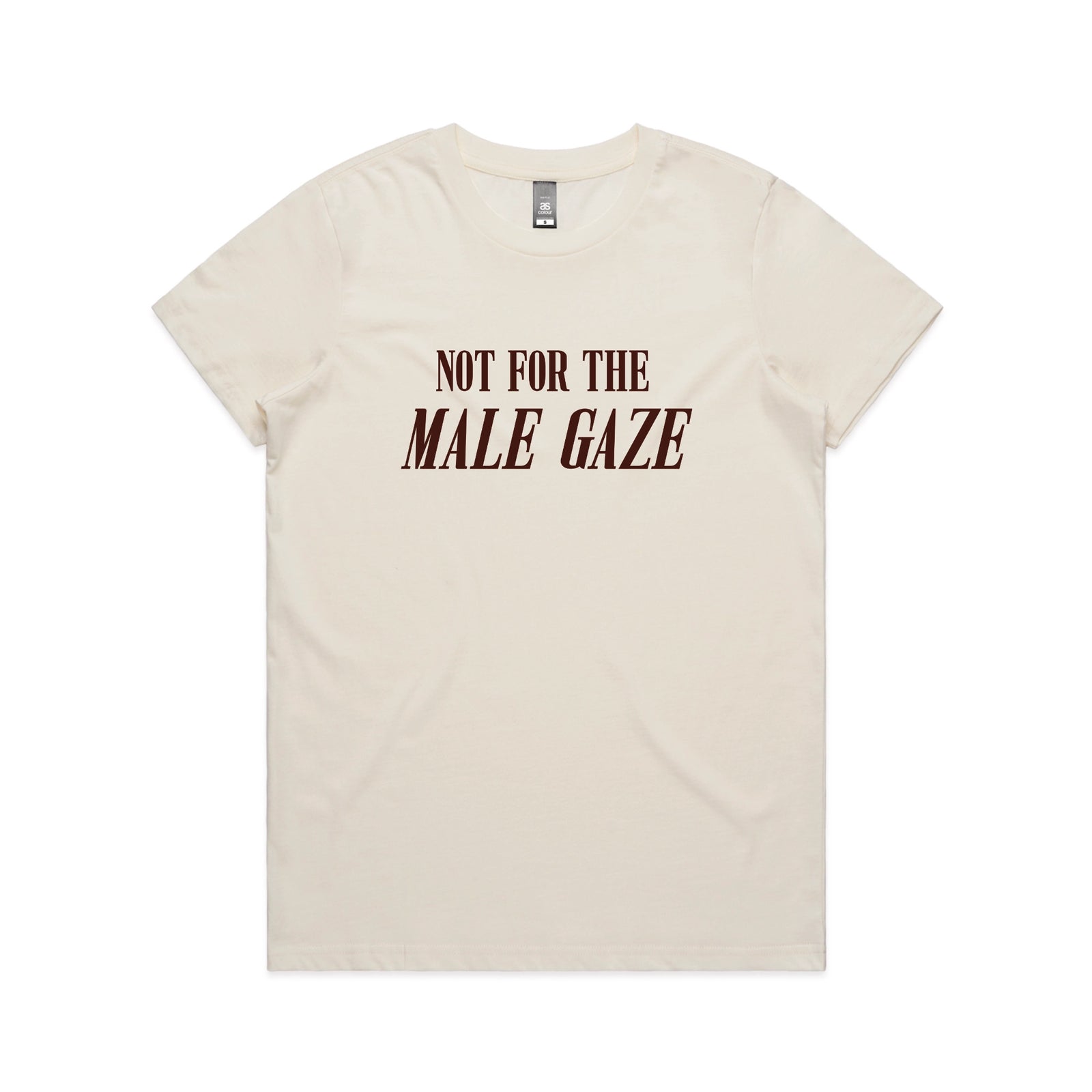 Ecru fitted womens t-shirt with Male Gaze graphic by Lonely Kids Club