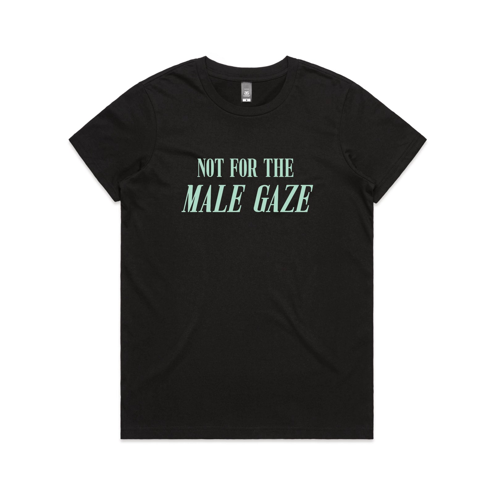 Black fitted womens t-shirt with Male Gaze graphic by Lonely Kids Club