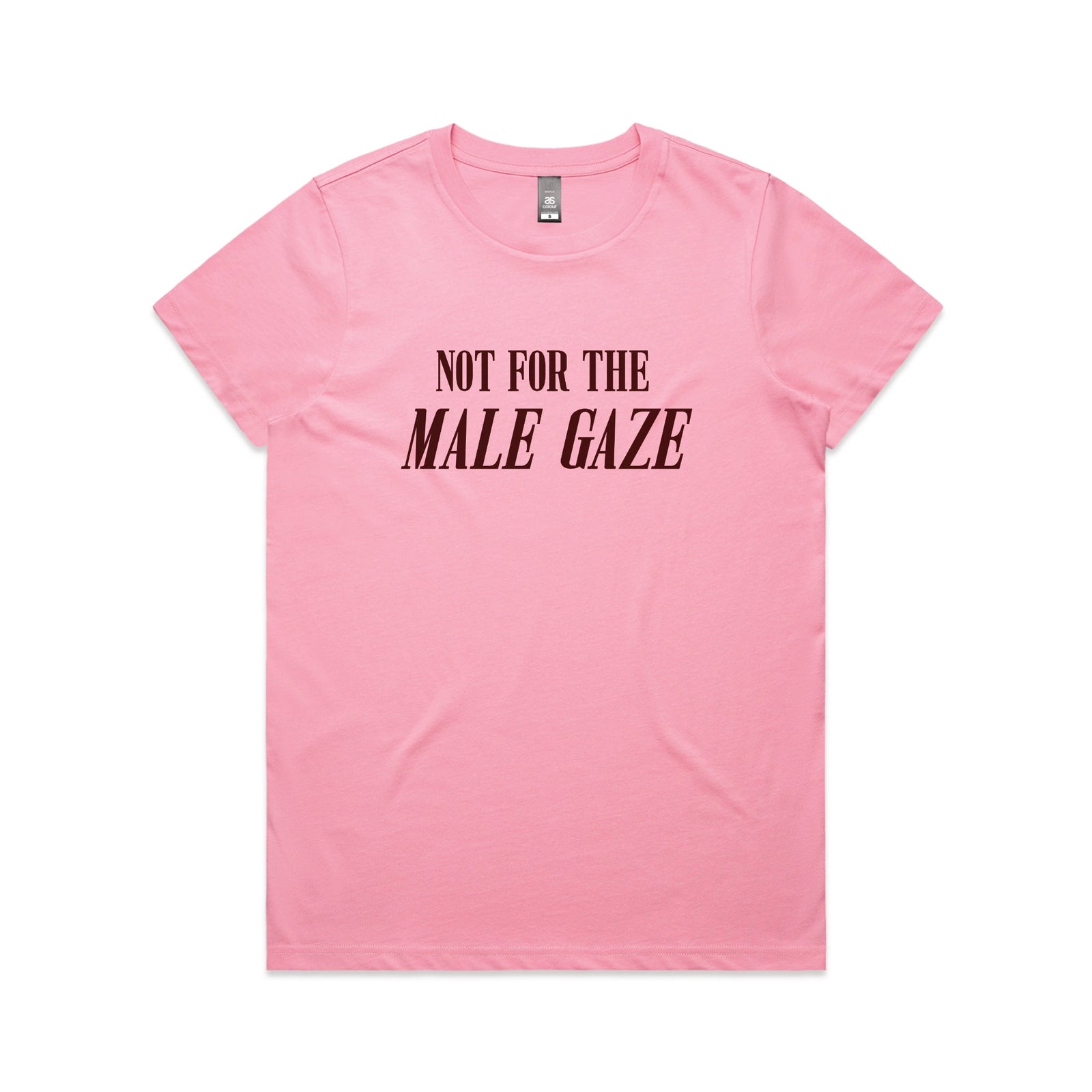Bubblegum fitted womens t-shirt with Male Gaze graphic by Lonely Kids Club