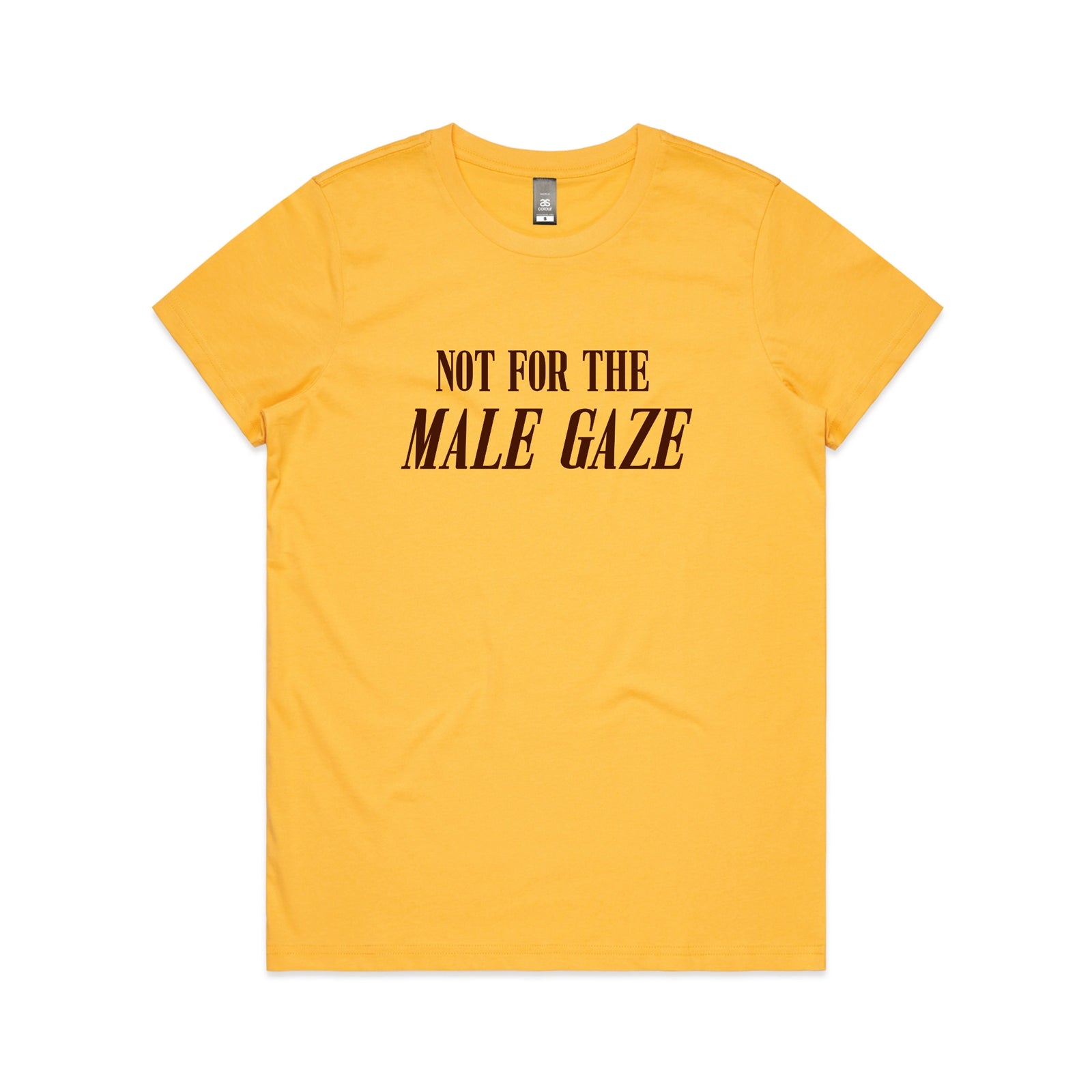 Yellow fitted womens t-shirt with Male Gaze graphic by Lonely Kids Club