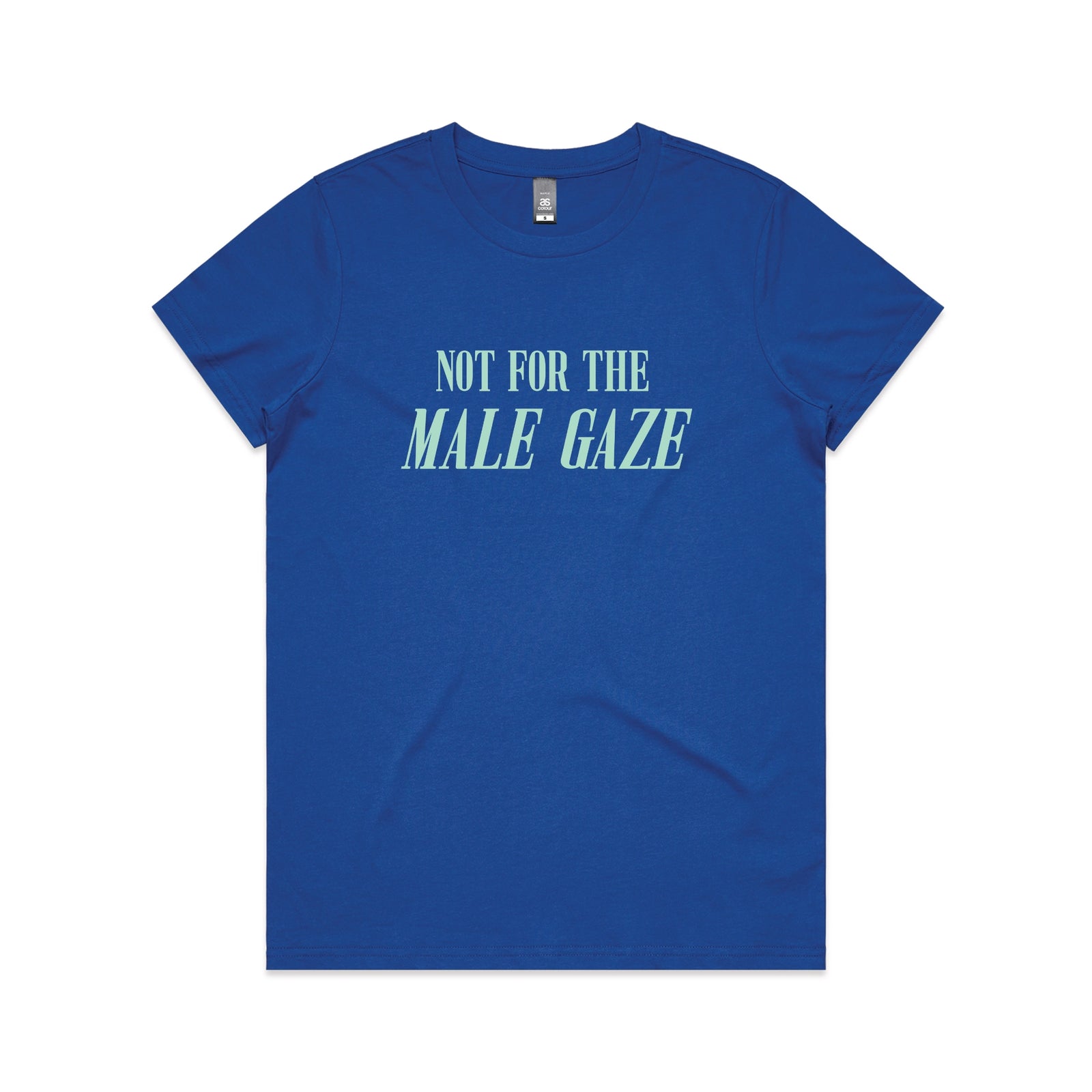 Royal Blue fitted womens t-shirt with Male Gaze graphic by Lonely Kids Club
