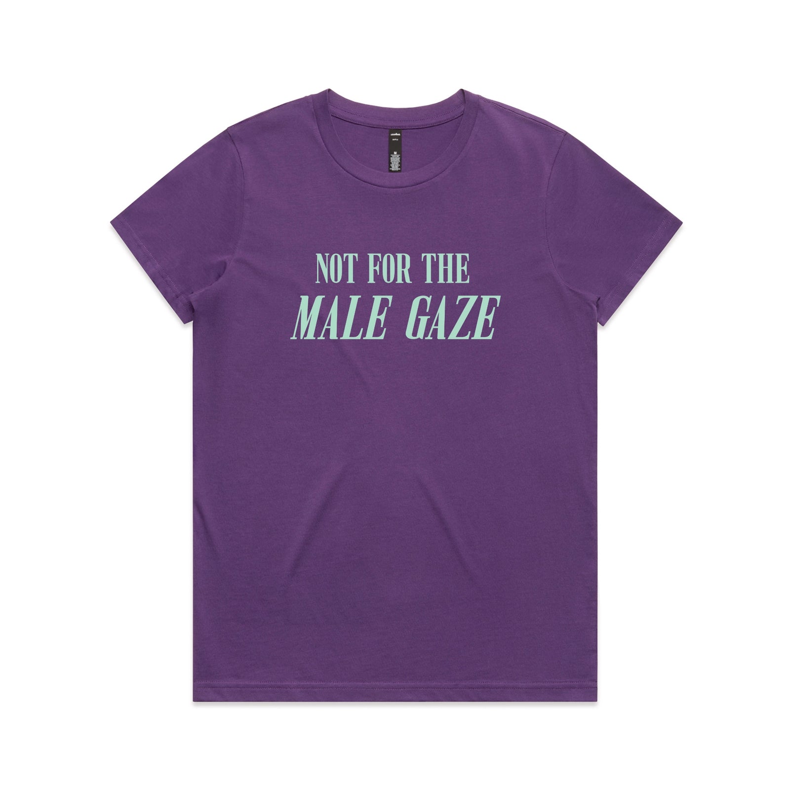 Purple fitted womens t-shirt with Male Gaze graphic by Lonely Kids Club