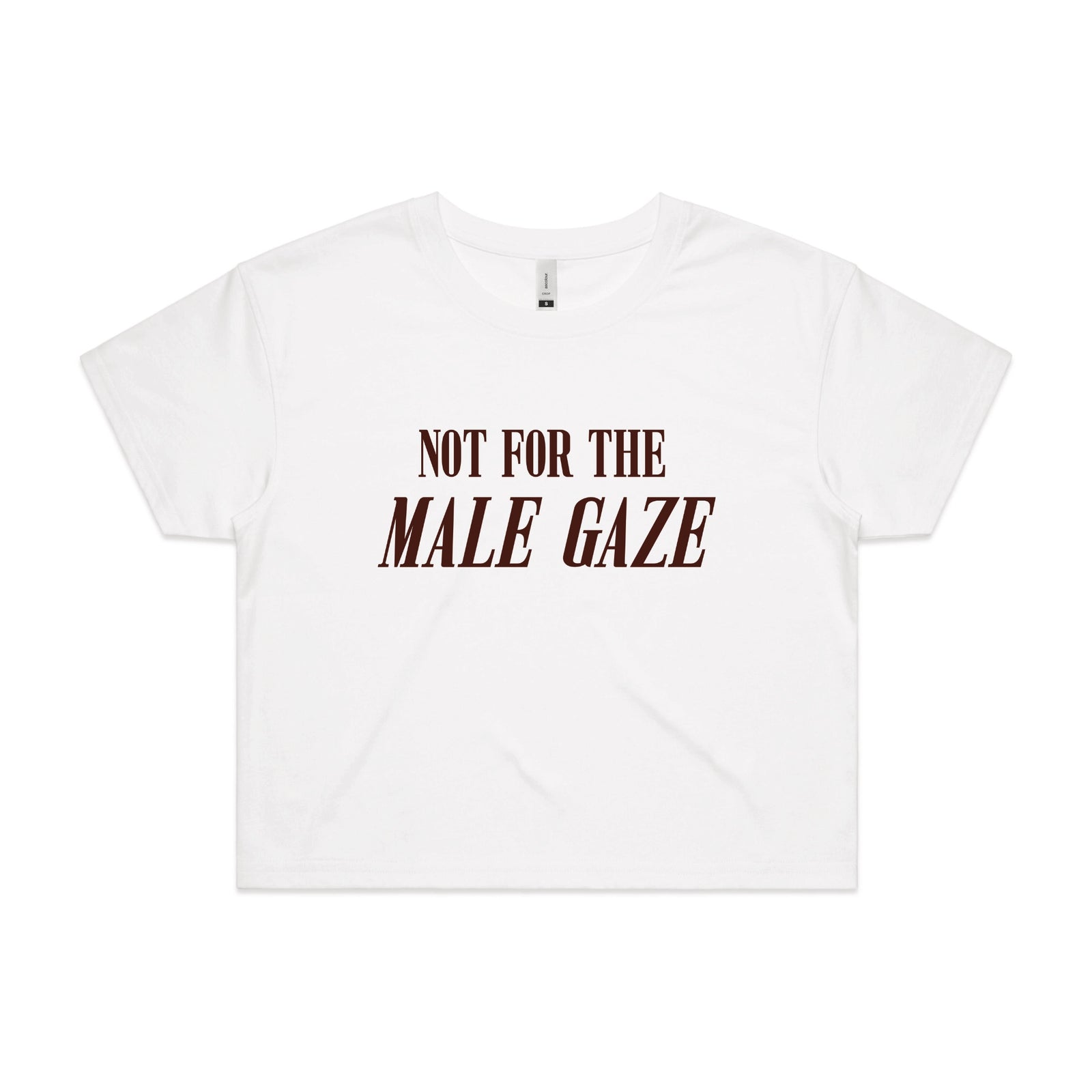 White crop top with Male Gaze graphic by Lonely Kids Club