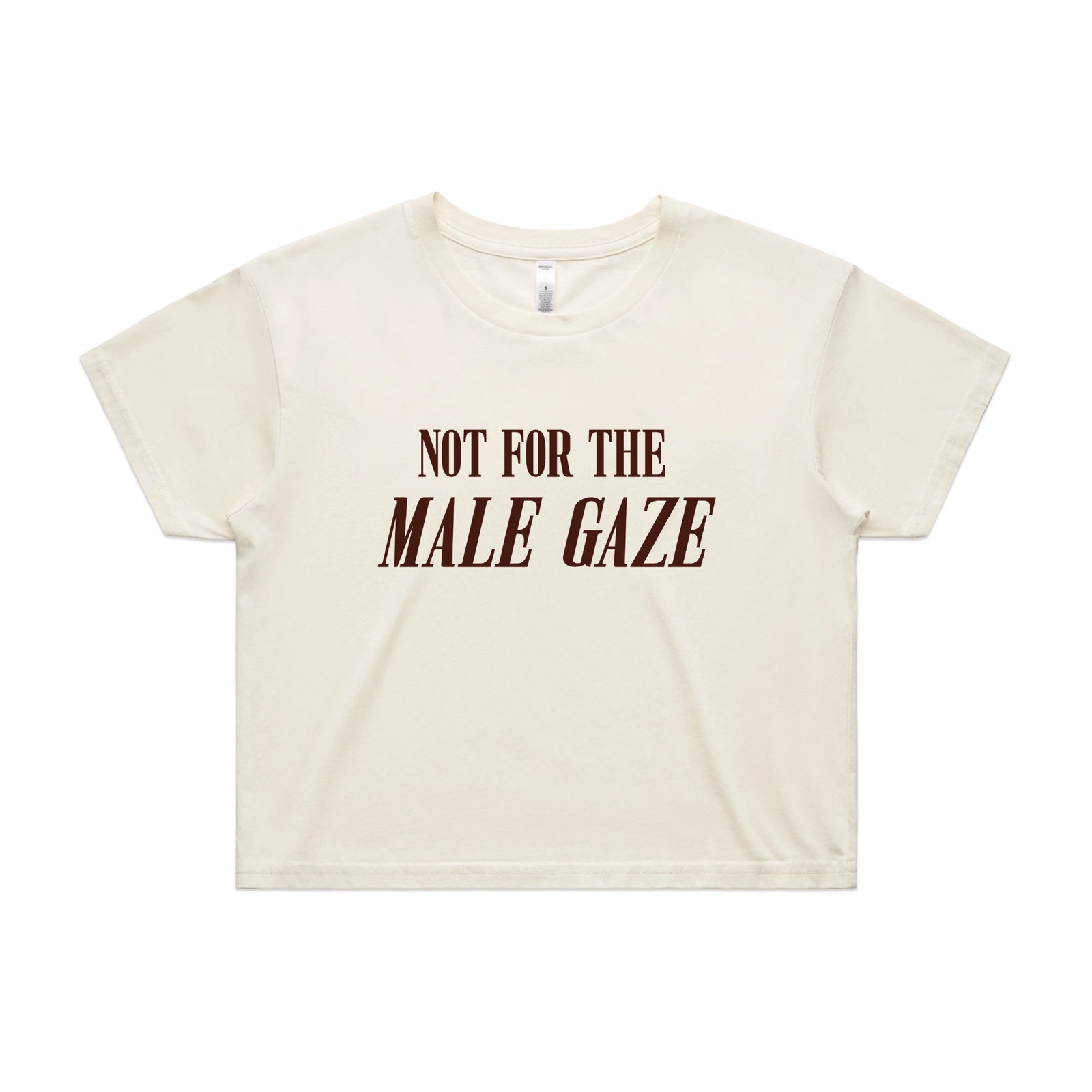 Ecru crop top with Male Gaze graphic by Lonely Kids Club