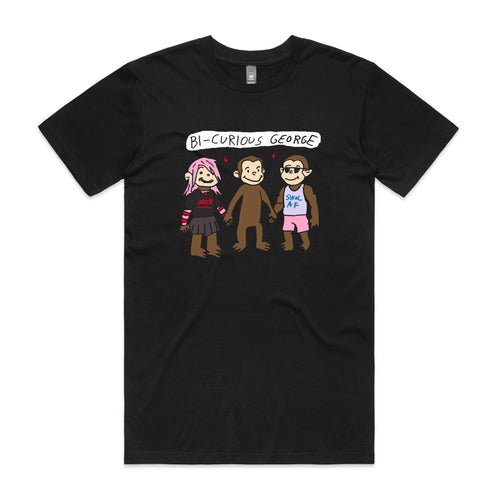 Bi-Curious George Tee by Lonely Kids Club. All clothing from our T-shirts to our shorts and hoodies are ethically made, and printed packed and shipped from Sydney.