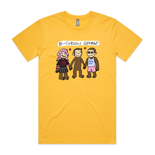 Bi-Curious George Tee by Lonely Kids Club. All clothing from our T-shirts to our shorts and hoodies are ethically made, and printed packed and shipped from Sydney.