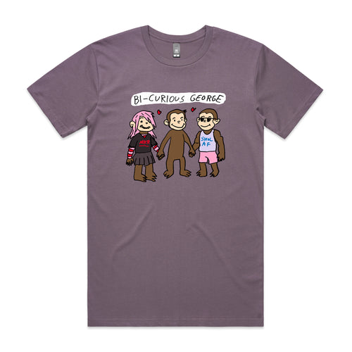 Bi-Curious George Tee by Lonely Kids Club. All clothing from our T-shirts to our shorts and hoodies are ethically made, and printed packed and shipped from Sydney.