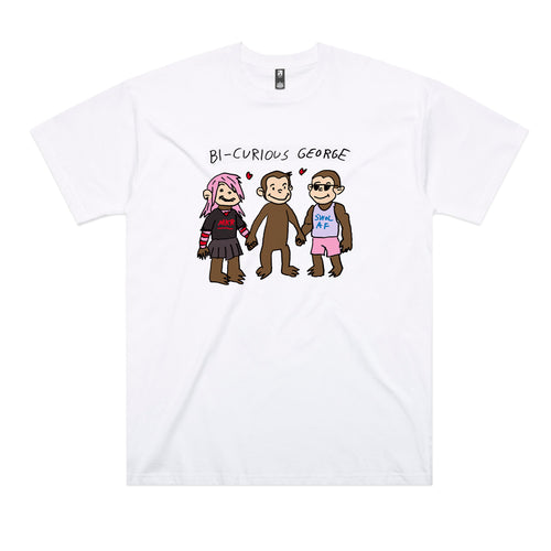 Bi-Curious George Tee by Lonely Kids Club. All clothing from our T-shirts to our shorts and hoodies are ethically made, and printed packed and shipped from Sydney.