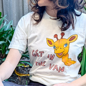 Ecru unisex t-shirt with a giraffe illustration and 'Get In The Van' text by Lonely Kids Club