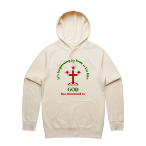 God Has Abandoned Us Hoodie by Lonely Kids Club. All clothing from our T-shirts to our shorts and hoodies are ethically made, and printed packed and shipped from Sydney.