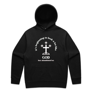 God Has Abandoned Us Hoodie by Lonely Kids Club. All clothing from our T-shirts to our shorts and hoodies are ethically made, and printed packed and shipped from Sydney.