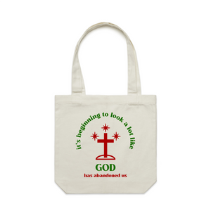 God Has Abandoned Us Tote by Lonely Kids Club. All clothing from our T-shirts to our shorts and hoodies are ethically made, and printed packed and shipped from Sydney.