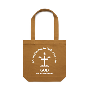 God Has Abandoned Us Tote by Lonely Kids Club. All clothing from our T-shirts to our shorts and hoodies are ethically made, and printed packed and shipped from Sydney.