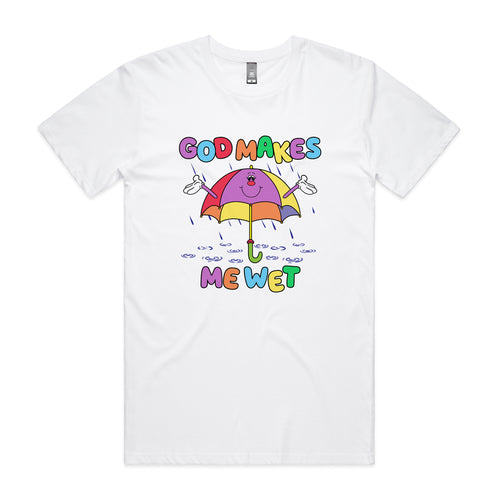 God Makes Me Wet Tee by Lonely Kids Club. All clothing from our T-shirts to our shorts and hoodies are ethically made, and printed packed and shipped from Sydney.