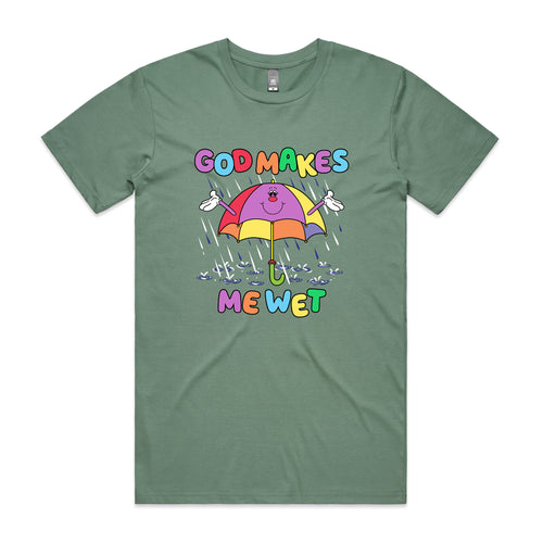 God Makes Me Wet Tee by Lonely Kids Club. All clothing from our T-shirts to our shorts and hoodies are ethically made, and printed packed and shipped from Sydney.