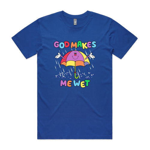 God Makes Me Wet Tee by Lonely Kids Club. All clothing from our T-shirts to our shorts and hoodies are ethically made, and printed packed and shipped from Sydney.
