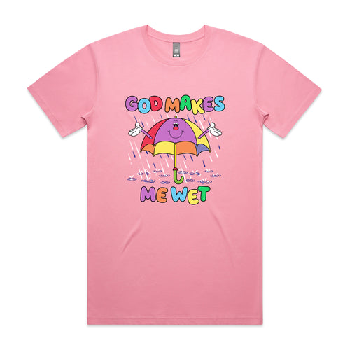 God Makes Me Wet Tee by Lonely Kids Club. All clothing from our T-shirts to our shorts and hoodies are ethically made, and printed packed and shipped from Sydney.