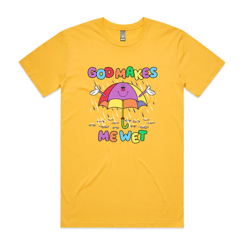 God Makes Me Wet Tee by Lonely Kids Club. All clothing from our T-shirts to our shorts and hoodies are ethically made, and printed packed and shipped from Sydney.