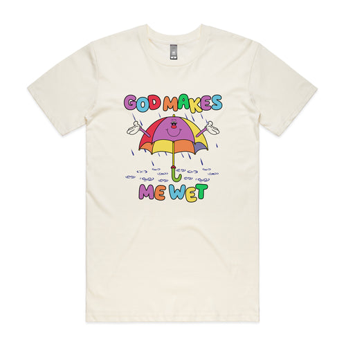 God Makes Me Wet Tee by Lonely Kids Club. All clothing from our T-shirts to our shorts and hoodies are ethically made, and printed packed and shipped from Sydney.