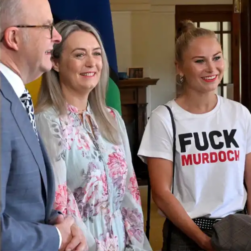 Fuck Murdoch Tee by Lonely Kids Club. All clothing from our T-shirts to our shorts and hoodies are ethically made, and printed packed and shipped from Sydney.
