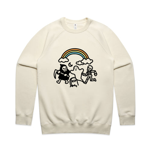 Grim Ghost Skeleton Jumper by Lonely Kids Club. All clothing from our T-shirts to our shorts and hoodies are ethically made, and printed packed and shipped from Sydney.
