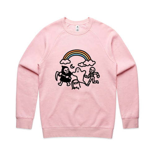 Grim Ghost Skeleton Jumper by Lonely Kids Club. All clothing from our T-shirts to our shorts and hoodies are ethically made, and printed packed and shipped from Sydney.