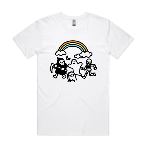 Grim Ghost Skeleton Tee by Lonely Kids Club. All clothing from our T-shirts to our shorts and hoodies are ethically made, and printed packed and shipped from Sydney.