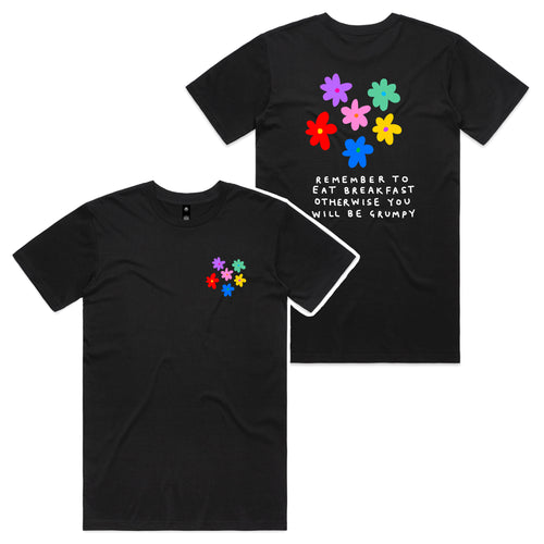Black t-shirt with colorful flower designs and text on a white background