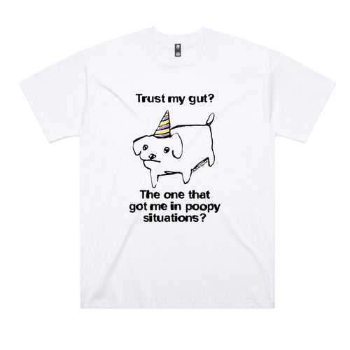 Trust My Gut Tee by Lonely Kids Club. All clothing from our T-shirts to our shorts and hoodies are ethically made, and printed packed and shipped from Sydney.