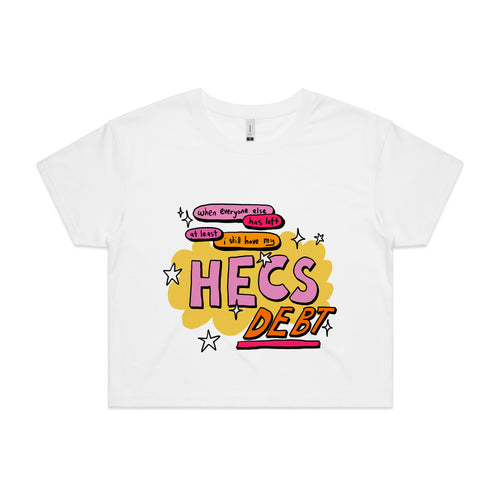 HECS Debt Tee by Lonely Kids Club. All clothing from our T-shirts to our shorts and hoodies are ethically made, and printed packed and shipped from Sydney.