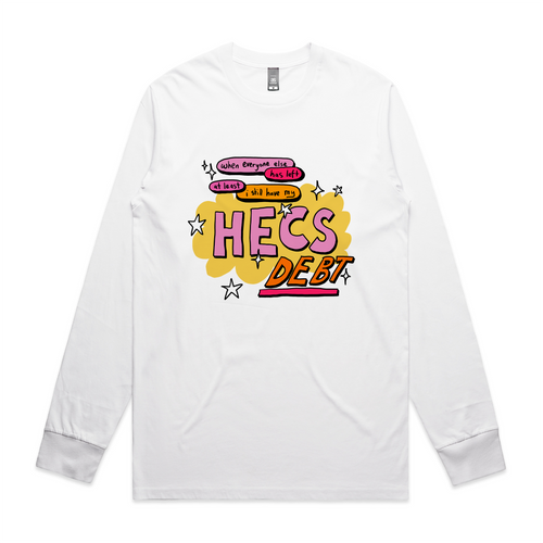 HECS Debt Tee by Lonely Kids Club. All clothing from our T-shirts to our shorts and hoodies are ethically made, and printed packed and shipped from Sydney.