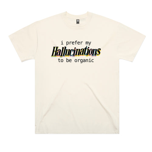 Hallucinations Tee by Lonely Kids Club. All clothing from our T-shirts to our shorts and hoodies are ethically made, and printed packed and shipped from Sydney.
