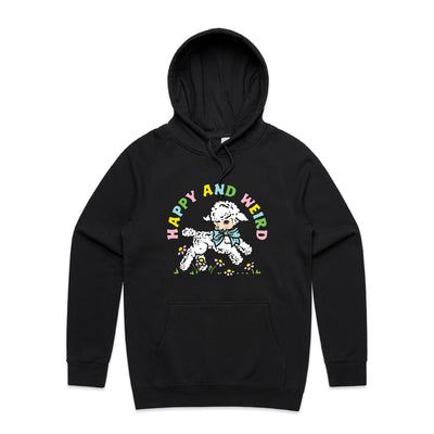 Happy And Weird Hoodie by Lonely Kids Club. All clothing from our T-shirts to our shorts and hoodies are ethically made, and printed packed and shipped from Sydney.
